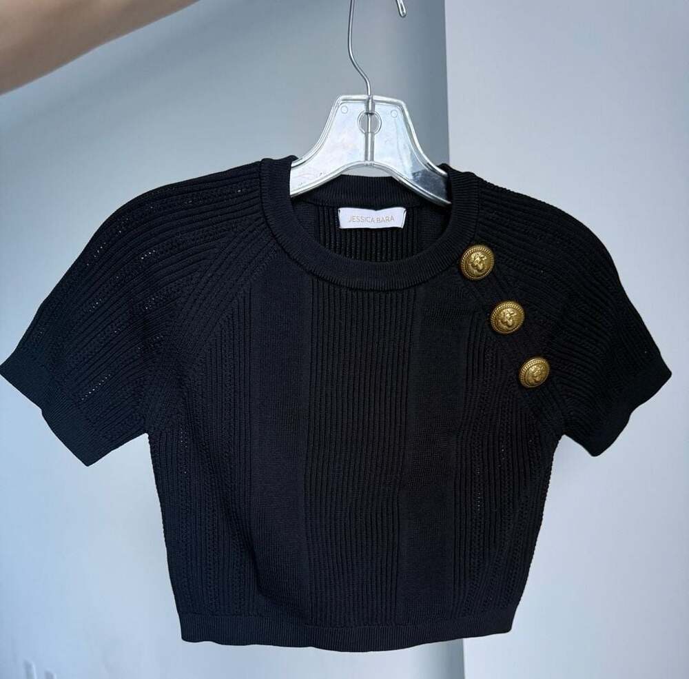 Jessica Bara Black Ribbed Knit Cropped Top with Gold Lion Buttons